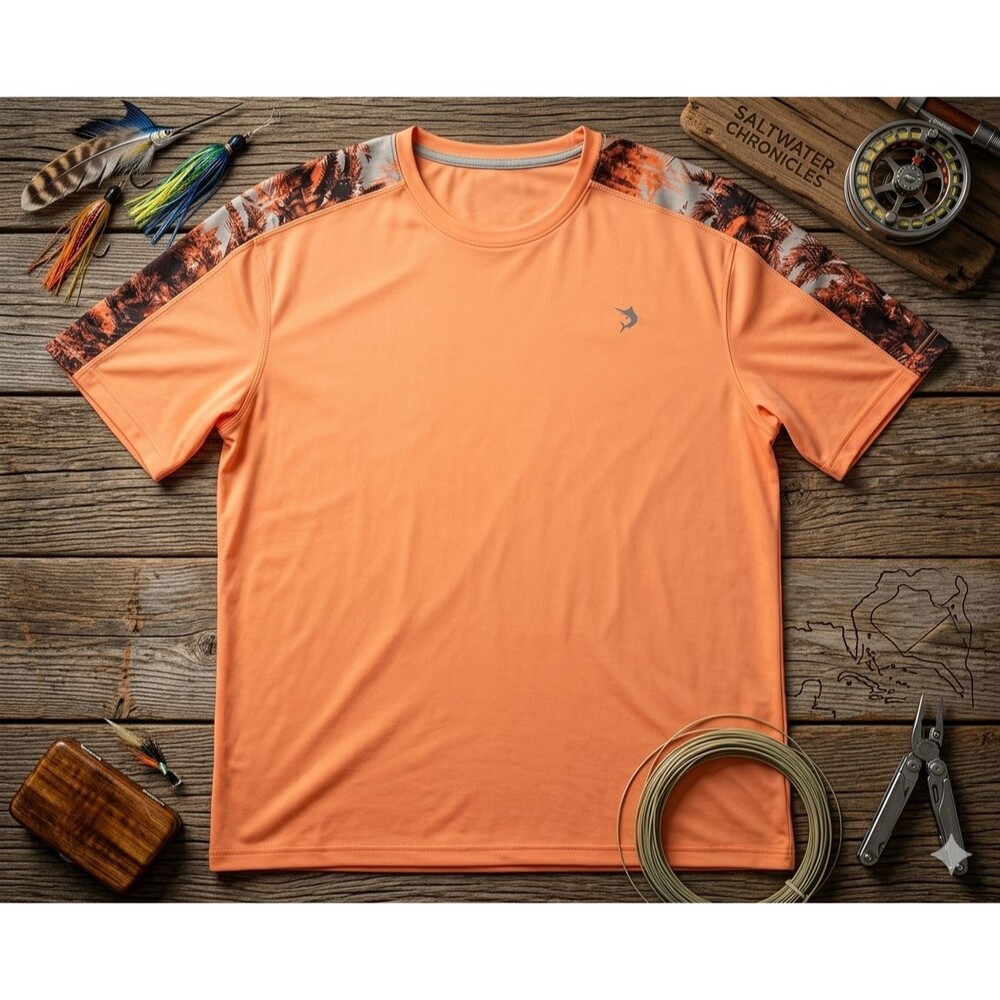 Reel Legends Performance Shirt Men’s L Orange Tropical Print Mesh Underarm UPF